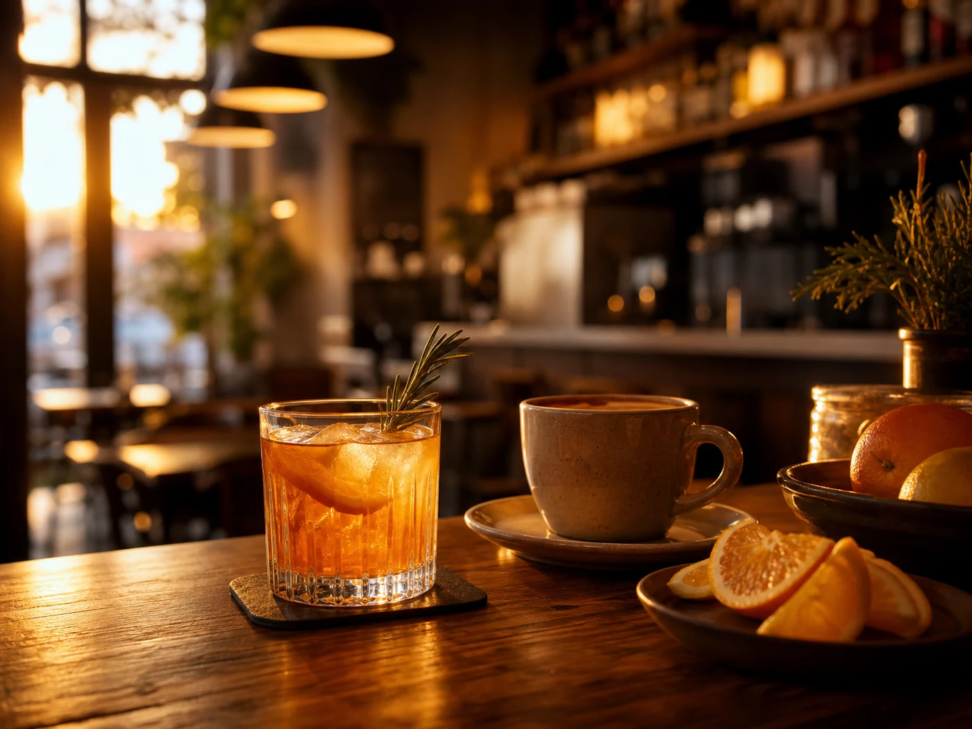 Warmer Abend in der Café-Bar mit Cocktail und Kaffee